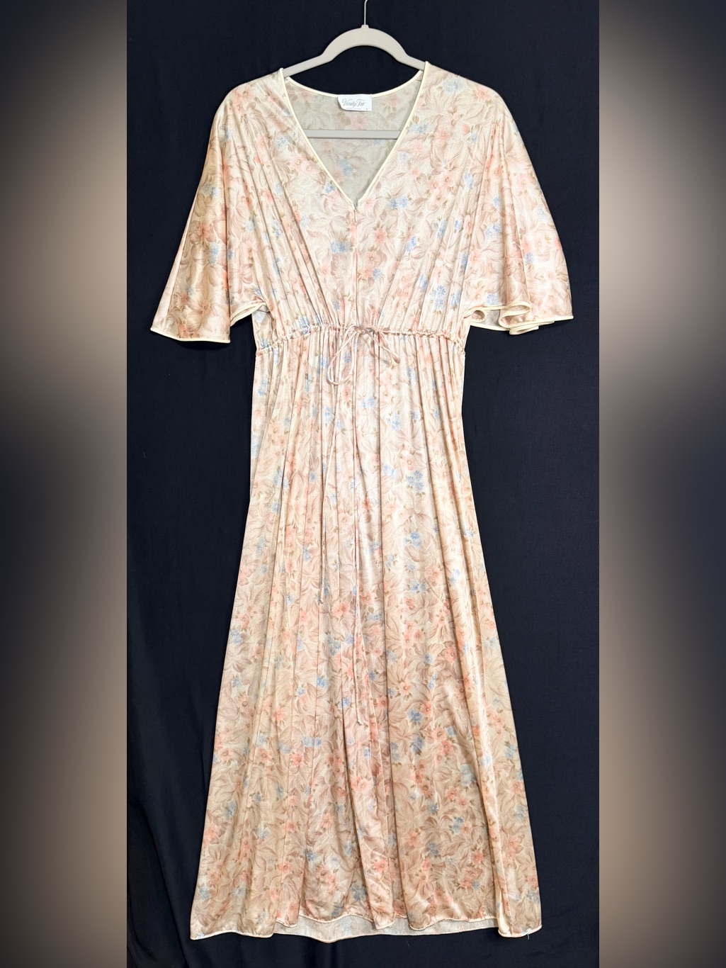 Vanity Fair Robe S Peach Baby Blue Floral Long Nightgown Vtg Bell Sleeve Light